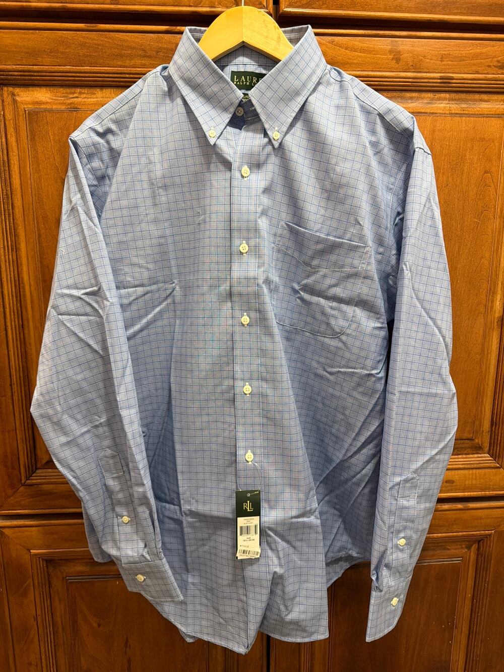 NEW Lauren Ralph Lauren Blue Plaid Long Sleeve Men’s Button Down Shirt, 16 1/2